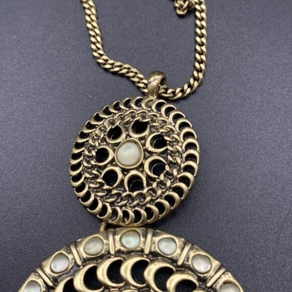 Lucky Brand Necklace Gold Tone Tribal Double Disk Crescent Faux Moon Stone 29+2" - Picture 8 of 8
